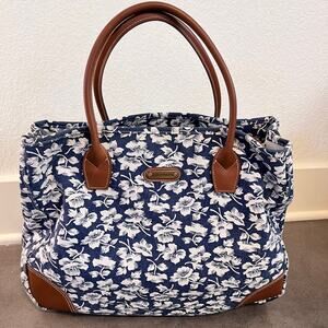 Liz Claiborne blue white floral Jacquard canvas tote Brown faux leather tote bag